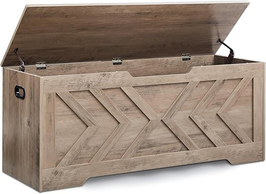 47.2” Storage Bench,Extra Large Wooden Storage Chest with 2 Safety Hinges,entryway Bench,Blanket Storage,Shoe Storage Bench for Entryway,Bedroom,Living Room,Easy Assembly.-Greige