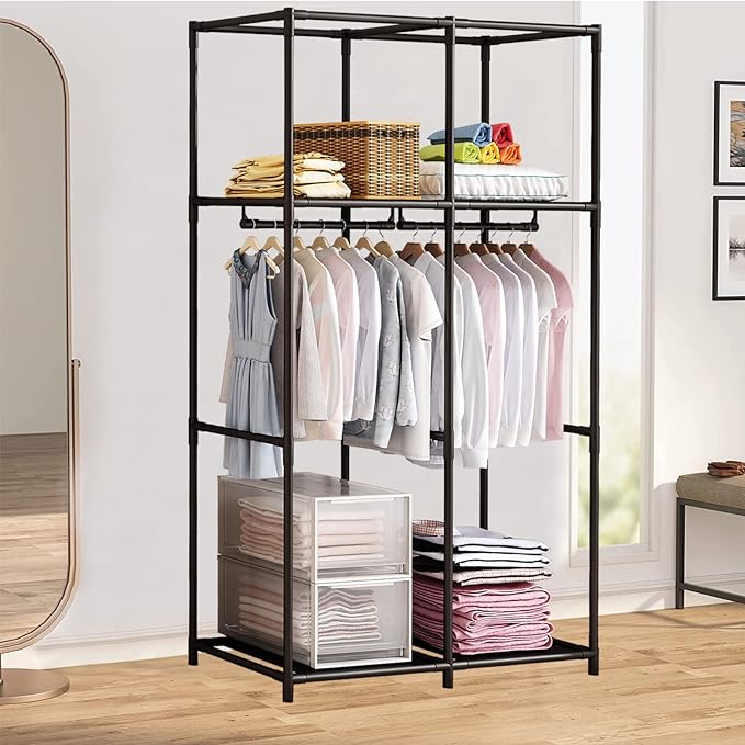 SORCEDAS Portable Wardrobe Closet Storage Organizer Metal Hanging Rack Non-Woven Fabric 34 Inch Grey