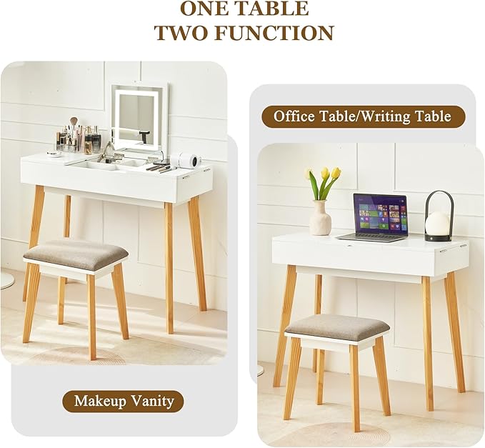 Small Vanity Desk, Flip Top Makeup Vanity, Makeup Vanity Desk with Mirror & LED Light, Power Outlet, Compact Dressing Table with Cushioning Stool, Vanity Desk Set for Kids, White