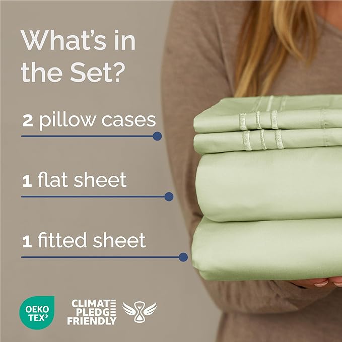 Full Size 4 Piece Sheet Set - Comfy Breathable & Cooling Sheets - Hotel Luxury Bed Sheets for Women & Men - Deep Pockets, Easy-Fit, Soft & Wrinkle Free Sheets - Light Sage Green Oeko-Tex Bed Sheet Set