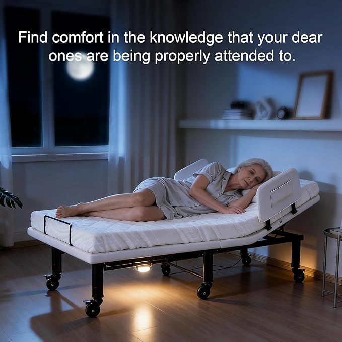 Fromann Twin XL Adjustable Bed Frame with Side Rails for Elders, Adjustable Base with Wheels, Eletric Bed Base Remote & Massage, Zero Gravity, Head and Foot Incline, Nightlights