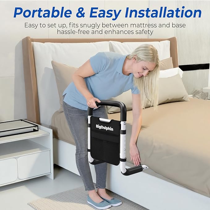 Bed Rails for Elderly Adults - ASTM Approved Adjustable Bed Cane with Non-Slip Ergonomic Handle & Storage Pocket, Bed Railings for Seniors Hold up to 350 LBS, Tool-Free