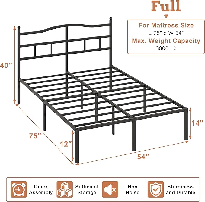 OSASET 14 inch Full Bed Frame -Platform Bed Frame with Headbroad Metal Bed Frame No Box Spring Noise Free Easy Assembly