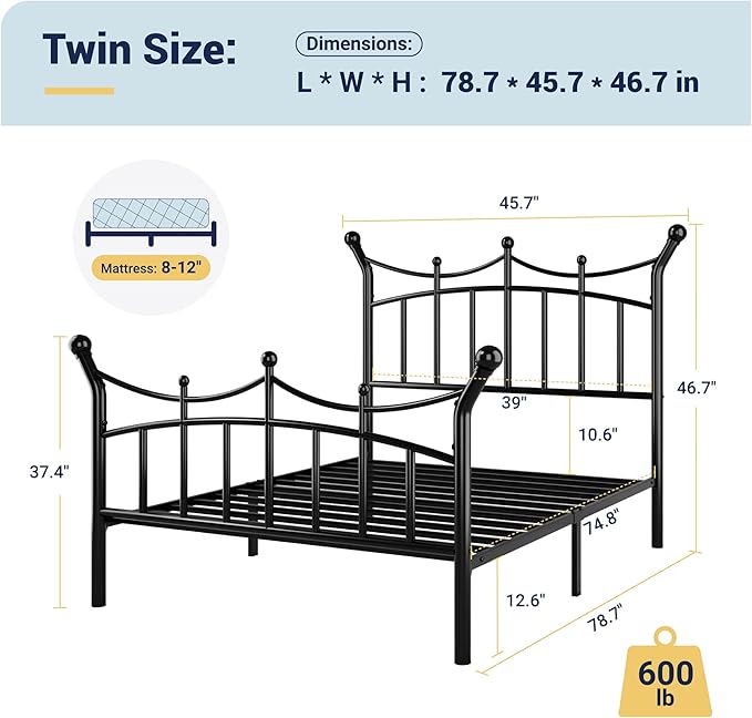 Allewie 14 Inches Twin Size Metal Platform Bed Frame with Elegant Crown Iron-Art Headboard & Footboard, Sturdy Mattress Foundation with Under-Bed Storage, Easy Assembly, No Box Spring Needed, Black