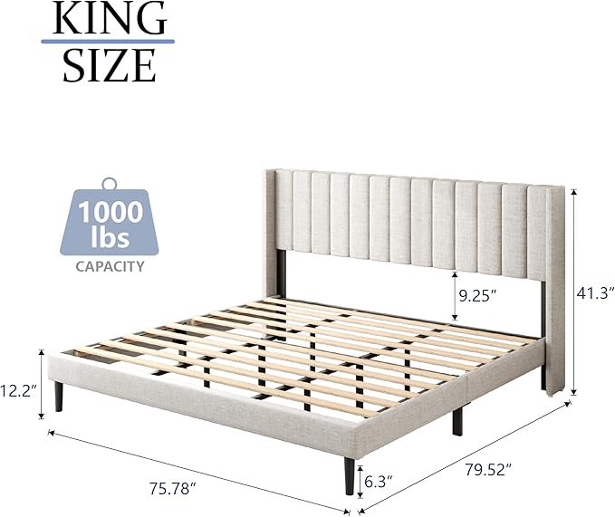 Gruwans King Size Bed Frame with Upholstered Wingback Headboard, Easy Assemnly Platform Bed, Wooden Slat Support No Box Spring Needed, Sand