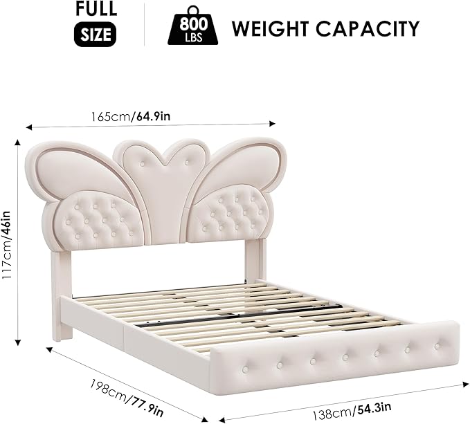 Keyluv Full Bed Frame Butterfly-Pattern Upholstered Headboard, Modern Floating Bed with LED Lights Button Tufted on Headboard and Footboard, Slats Support No Box Spring Needed, Noise-Free, Beige