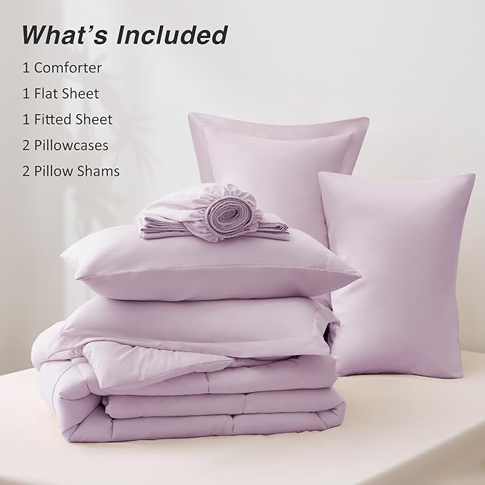 Love's cabin King Size Comforter Set Light Purple, 7 Pieces King Bed in a Bag, All Season Bedding Sets with 1 Comforter, 1 Flat Sheet, 1 Fitted Sheet, 2 Pillowcase and 2 Pillow Sham | Soft, Breathable, Lightweight, Comfortable