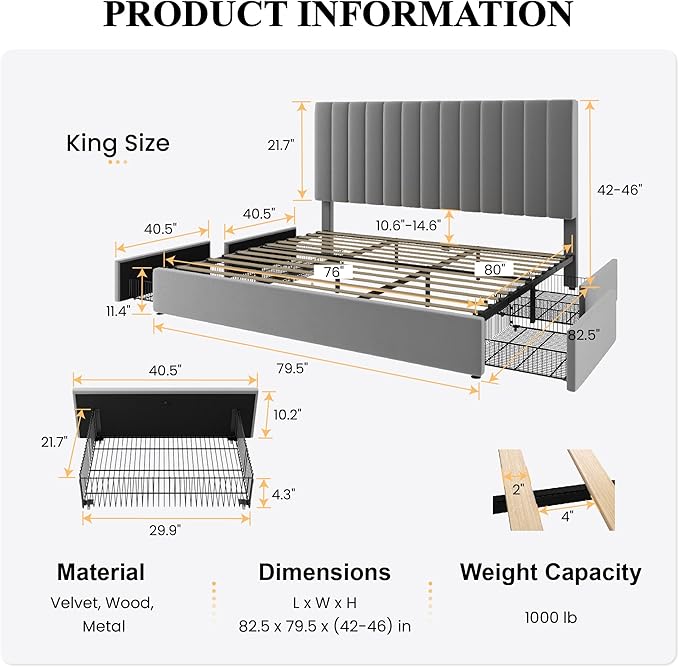 SHA CERLIN King Size Platform Bed Frame with 4 Storage Drawers, Vertical Channel Tufted Adjustable Headboard, Velvet Upholstered, Wooden Slats Support, No Box Spring Needed, Easy Assembly, Grey