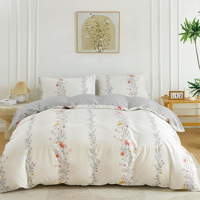 OAITE Duvet Cover Set King Size Floral Pattern Ultra Soft 100% Cotton Duvet Cover Sets 3-PC, Breathable Duvet Cover with Zipper Closure & Corner Ties(2 Pillow Shams,1 Duvet Cover)