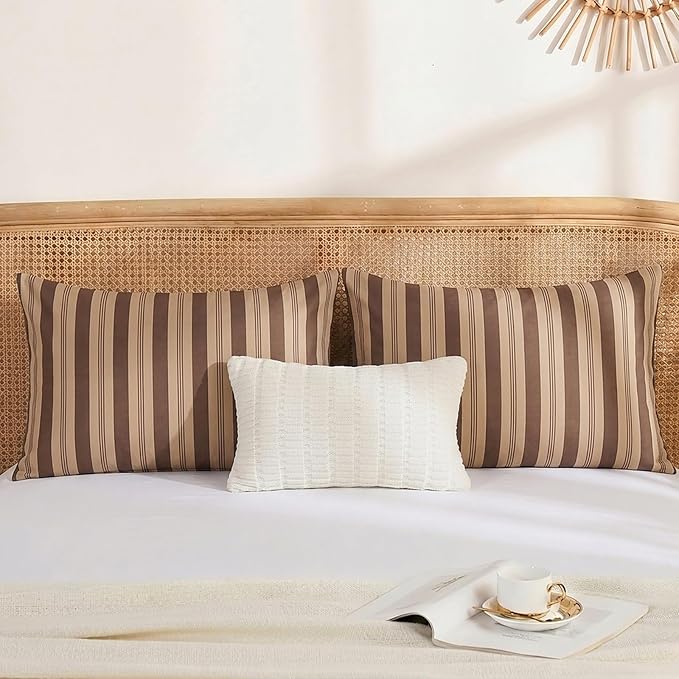 Merryword Brown Striped Pillowcases, 100% Cotton Pillow Cases, Standard Size Pillowcases, Luxury Linen Like Pillowcase, Soft Breathable Stripe Pillow Covers, Set of 2