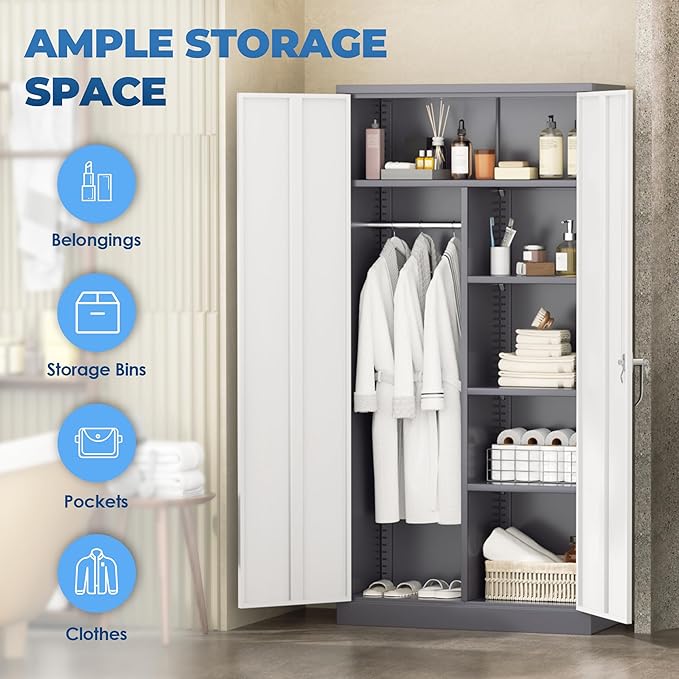INTERGREAT Wardrobe Cabinets with Locking Doors and Shelves, Clothing Locker 72“ X 36“ X 18“ Storage Cabinets for Home Room, School, Employee,Gym (Gray White)