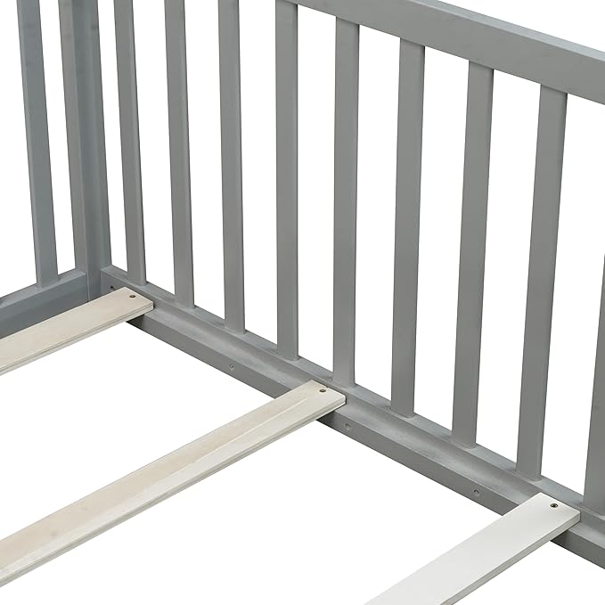 Bellemave Twin Size Montessori Floor Bed with 21.5" High Rails, Rubber Wood Twin Floor Bed with Slats and Door, Gray