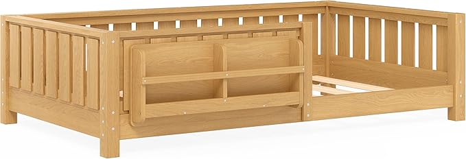 Bellemave Twin Size Kids Montessori Bed with Bookshelf,Solid Wood Twin Floor Bed Frame with Fence and Slats for Girls Boys,Low-Profile,Light Natural