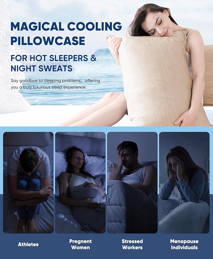 LUXEAR 2 Pack Cooling Pillow Cases Queen Size, Arc-Chill Q-Max > 0.5 for Hot Sleepers, Hair & Skin Friendly, Double-Sided, Machine Washable, Hidden Zipper, Gift for Women Men, 20x30, Beige