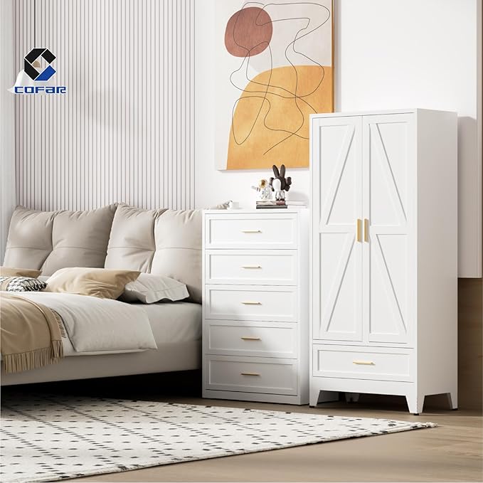 COFaR Metal Wardrobe Closet with Doors, 71'' Tall Farmhouse Bedroom Armoires with Drawer and Hanging Rod, Freestanding Steel Wardrobe Cabinet Coat Closet for Bedroom Home Office, White