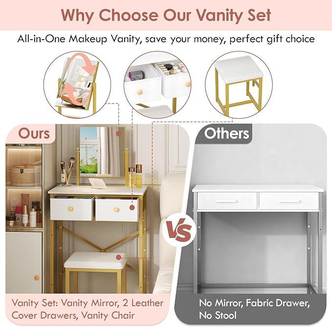 X-cosrack Small Makeup Vanity Desk with Mirror & Chair, Mini Vanity Desk Table Set with Fabric Storage Drawer, 19.7" Compact Vanity Desk for Girls, Dressing Table with Chair for Bedroom, White Golden