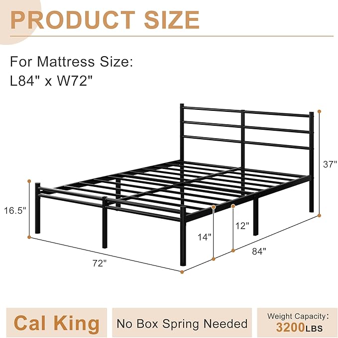 Yicensen California King Bed Frames with Headboard and Footboard, 14 Inch Metal Platform Bed Frame with Steel Slat Support, No Box Spring Needed, Noise Free, Easy Assembly, Black