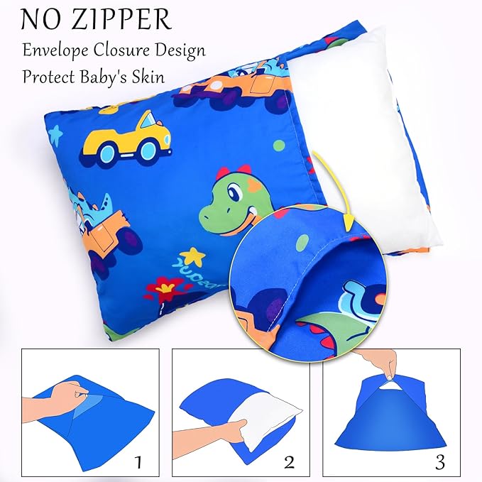 Cloele Kids Toddler Pillowcase Envelope Travel Pillowcase Baby Pillow Cover Fits Pillows Sized 12x16 or 13x18-1 Pack Soft Children’s Bedding Pillowslip Case for Boys and Girls - Car Dinosaur