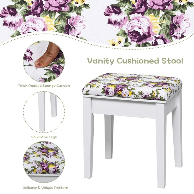 CHARMAID Makeup Vanity Desk with Flip Top Mirror, 3 Drawers, 7 Storage Compartments, White Writing Desk Dressing Table Vanity Set with Cushioned Stool for Girls Women, Easy Assembly