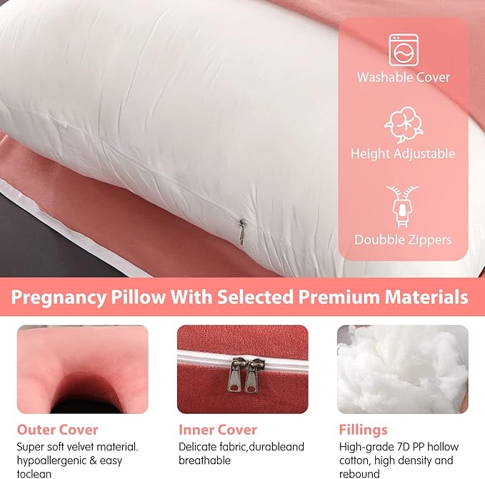 U-Shaped Full Body Pregnancy Pillow for Sleeping – 57" Maternity Pillow with Removable Cover, Support for Back, Legs, Belly & Hips (Velvet -Pink)