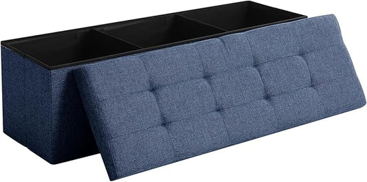 45.3 Inches Ottoman Bench With 166L Storage Space - Foldable Seat Footrest Shoe Bench for End of Bed - Flipping Lid, Linen Fabric, Navy