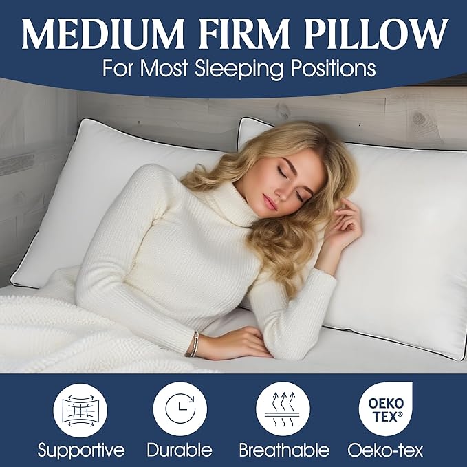 Blue Ridge Home Fashions Medium Soft Bed Pillows Queen Size Set of 2, 400 Thread Count 100% Cotton, Never Go Flat Down Alternative Gusseted Support Pillow for Back or Side Sleepers, Standard, White