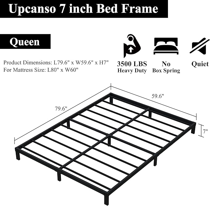 Upcanso 7 Inch Queen Bed Frame No Box Spring Need, Low Profile Metal Platform Bed Frame Queen Size, Heavy Duty Support Bedframes, Easy Assembly
