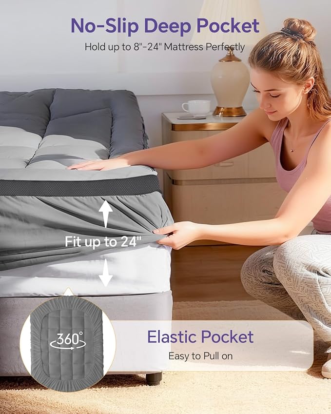 ChiXpace Dual Layer 4 Inch Memory Foam Mattress Topper Queen - 2 Inch Gel Memory Foam and 2 Inch Pillow Top Mattress Pad, 7-Zone Egg Crate Queen Size Mattress Topper (Grey)
