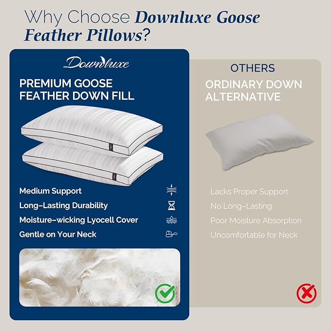 downluxe Goose Feather and Down Pillows - 2 Pack Gusseted Hotel Collection Feather Pillows for Back, Stomach or Side Sleepers, Queen Size Set of 2 (18"x26"x2")