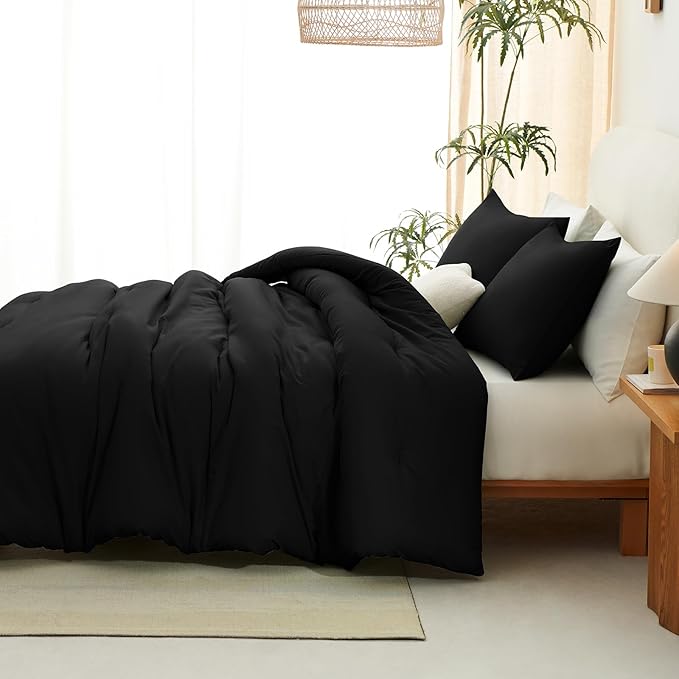 CozyLux Super King Plus Comforter Set Black, 3 Pieces 128x120 Solid Breathable Quilted Bedding Sets for All Season, Luxury Lightweight Soft Bed Set with Down Alternative Comforter and 2 Pillowcases
