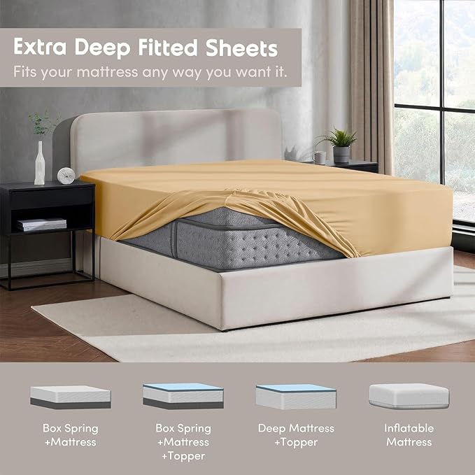 Nestl 4 Pack Camel Gold Fitted Sheet Extra Deep Pocket, Hotel Luxury Twin XLFitted Sheet Only Easily Fits 18 to 24 Inch Mattress, Super Soft, Wrinkle-Free and Breathable with Corner Straps
