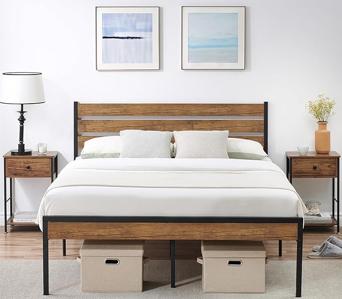 GarveeHome Queen Size Bed Frame with Wood Headboard, Strong Wood Slats Support, Under Bed Storage, Noise-Free, No Box Spring Needed