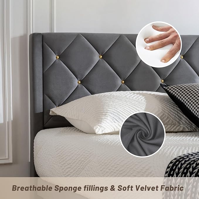 Full Bed Frame with Headboard, Bed Frame Full Size with Sturdy Wooden Slats Support, Platform Frame with Velvet Upholstered Headboard, Mattress Foundation, Easy Assembly, No Box Spring Needed grey