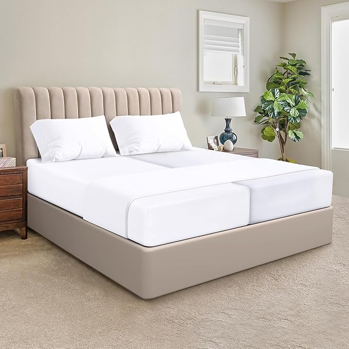 SGI Split King Sheet Set for Adjustable Bed Egyptian Premium Cotton 600 Thread Count Sheets for Sleep Number Bed 15" Deep Pocket 5 Pc Set with 2 Twin XL Fitted Sheets Soft Breathable - White