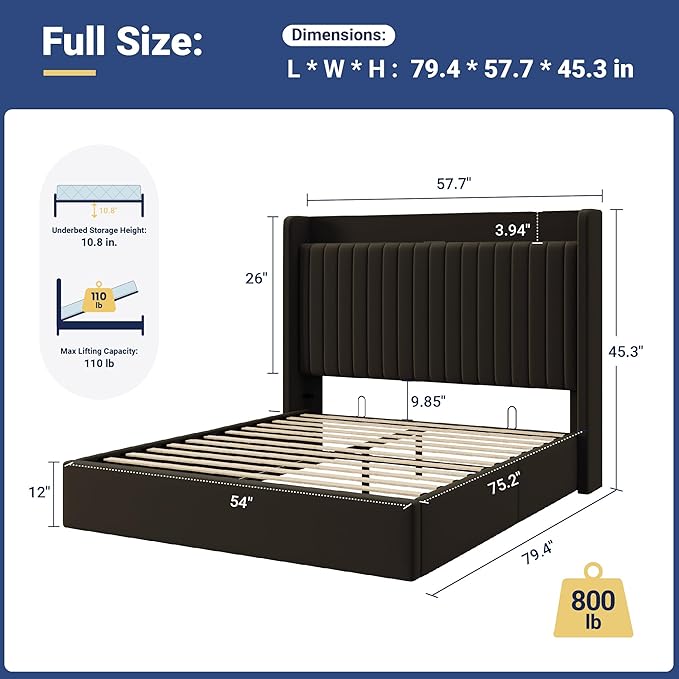 Allewie Full Size Lift Up Storage Bed Frame,Storage Shelf Headboard with Charging Station,Type-C and USB Ports,Hydraulic Support,Velvet Upholstered Bed Frame,No Box Spring Needed,Black
