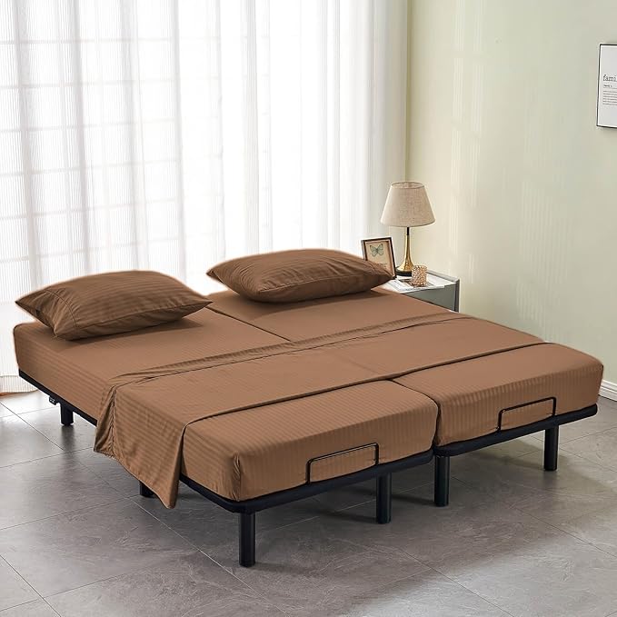 Kingnex Striped Split California King Sheets Sets for Adjustable Bed with Deep Pocket 5 Pieces Include 2 Cali Twin XL Fitted Sheets 1 Flat Sheet 2 King Size Pillowcases Coffee