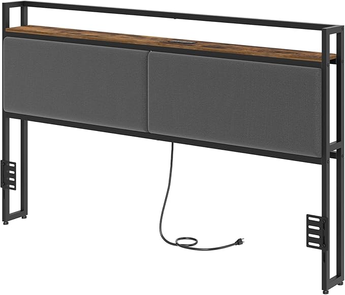 YATINEY King Size Headboard with Storage Shelves, Upholstered Headboard with Charging Station, Height Adjustable, Sturdy and Stable, Vintage Style, Rustic Brown, Gray and Black