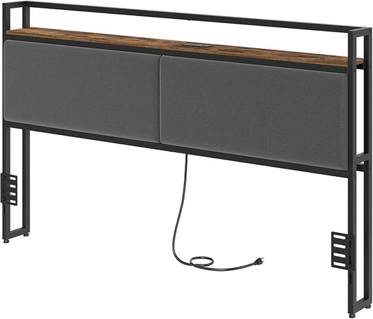 YATINEY King Size Headboard with Storage Shelves, Upholstered Headboard with Charging Station, Height Adjustable, Sturdy and Stable, Vintage Style, Rustic Brown, Gray and Black