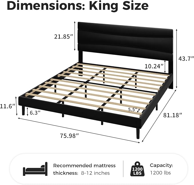 GarveeHome King Modern Upholstered Bed Frame with Soft Padded Headboard,Sturdy Metal Steel Slat Support, Noise-Free Quiet Design,Easy Assembly,Heavy Duty Stable Bed Frame(Black)