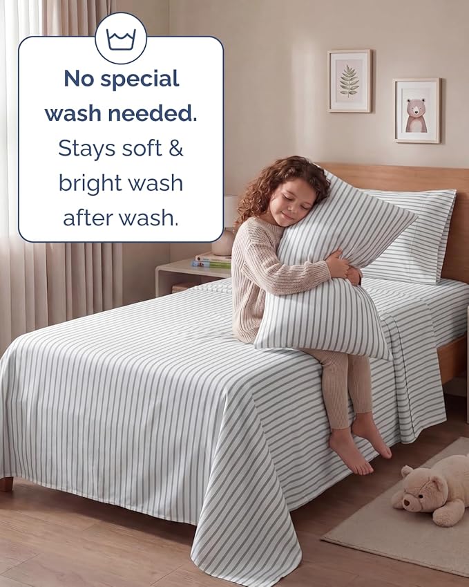 Twin 4 Piece Sheet Set - Comfy, Breathable & Cooling - Soft Hotel Luxury Bedding for Women, Men, Kids, Teens and Children - 1 Flat & 1 Fitted Sheet & 2 Pillowcases with Deep Pockets - Grey Stripes 2