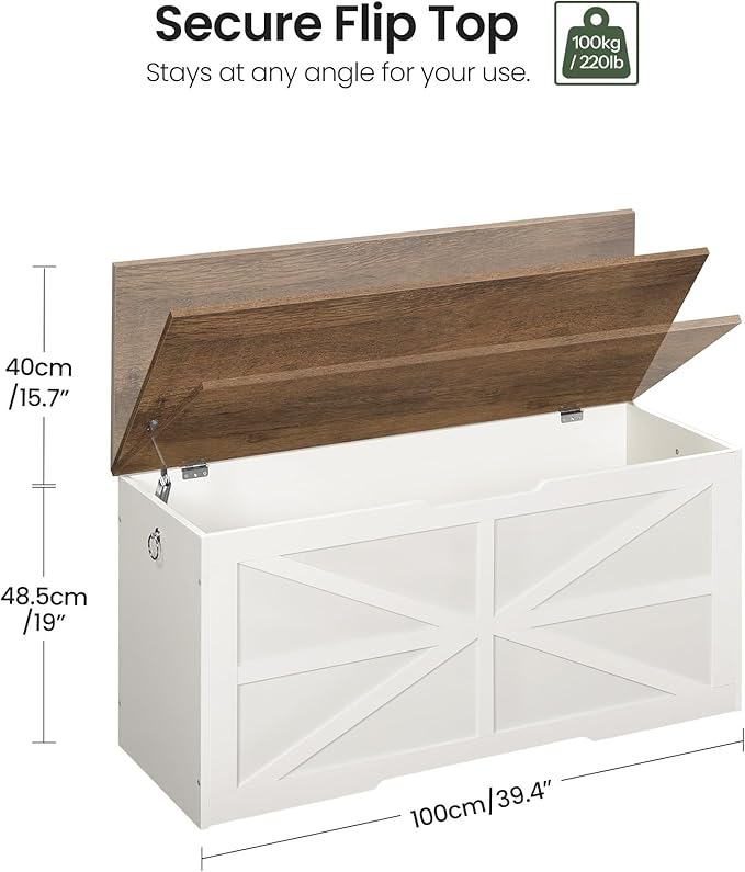 CHOEZON Storage Chest, 39.4" Toy Chest, Modern Storage Bench with Safety Hinge, Toy Box, Farmhouse Style, for Bedroom, Living Room, Walnut and White MCW10WL