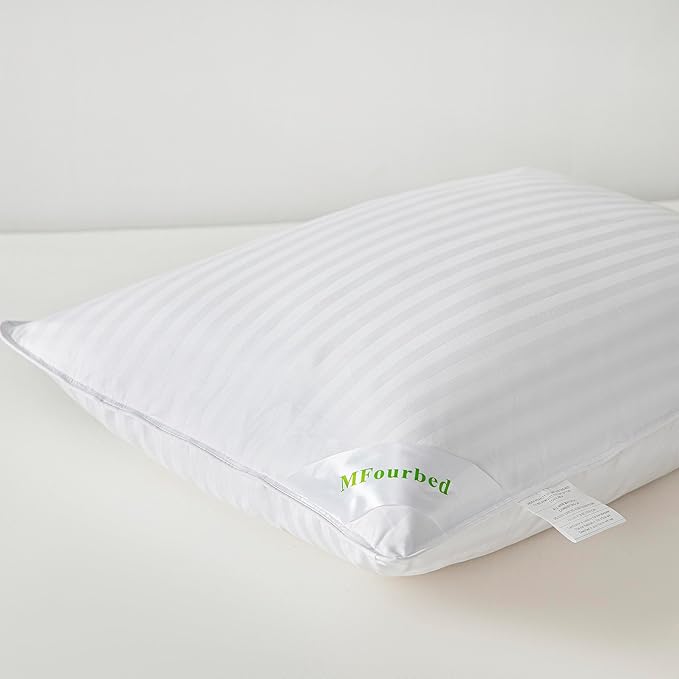 Goose Down Feather Pillows Stripe White Bed Pillow for Sleeping,100% Cotton Fabric Good for Side and Back Stomach Sleeper Queen Size 1 Pack