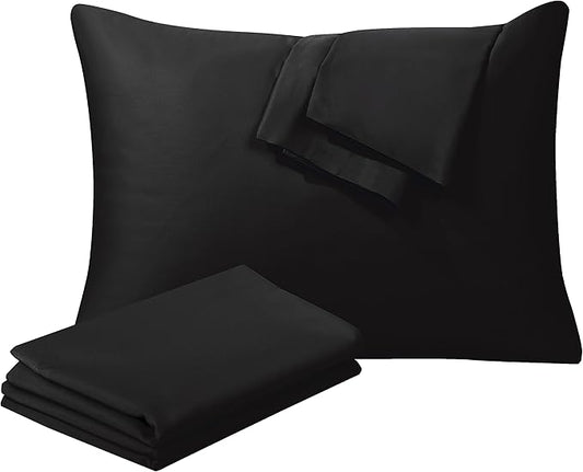 100% Egyptian Cotton King Pillow Protectors Set of 4, 400 Thread Count Sateen Weave Cooling Pillowcase, Easy Care Zippered Style Pillow Covers (4 Pack, Black, King)