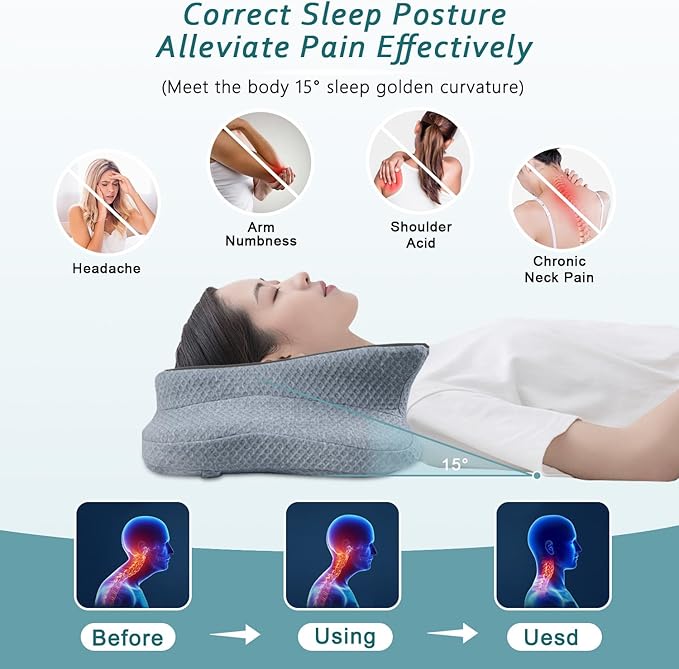 CHxxy Cervical Neck Pillow for Pain Relief Sleeping, Memory Foam Pillows, Ergonomic Side Sleeper Pillows, Cooling Orthopedic Neck Support Pillow for Back Stomach Sleepers-Queen Size Black&Grey