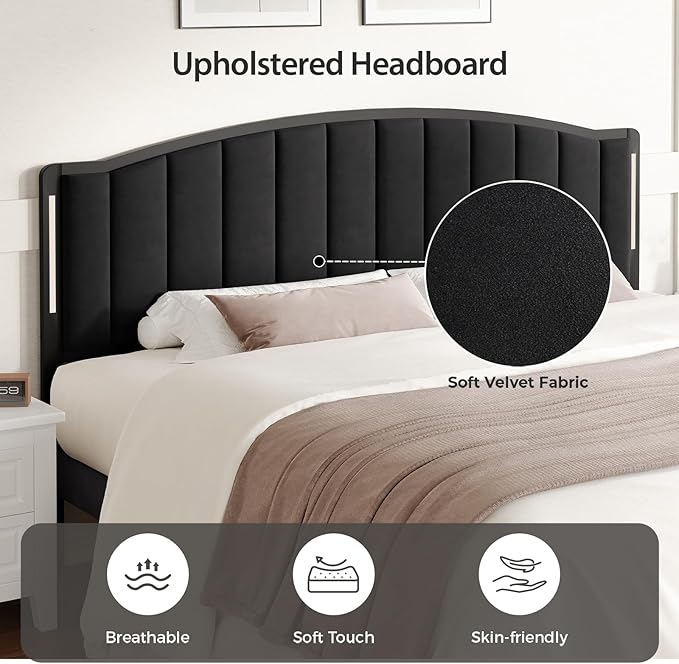 Headboard for King Size Bed with LED Lights, Upholstered Vertical Channel Tufting Head Boards, Velvet Headboard Only, Study & Comfortable, Ideal for Bedroom, Dorm, Guest Room, Black
