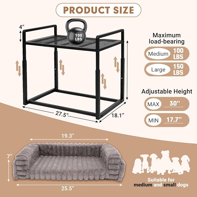 Beside Dog Bed,Adjustable Height Dog Bunk Beds,27.5''x 18''Metal Dogs Bed Frame with Washable Removable Corduroy Cover,Memory Foam Pet Bed with Sides,Medium