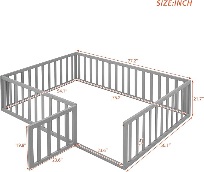 Bellemave Full Size Montessori Floor Bed with 21.7" High Rails, Pine,Plywood Floor Bed with Small Door, Grey