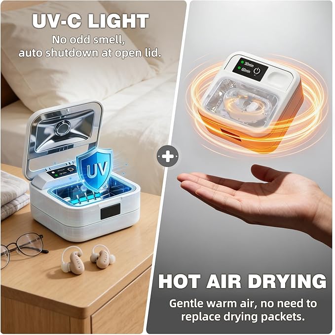 Hearing Aid Dryer Dehumidifier, with UV C Sanitizer Light, Automatic Shut-Off Dryer Box, Fast Drying, Ultra-Quiet and Portable for Hearing Aids, Earbuds, AirPods, Amplifiers, Earbuds, White