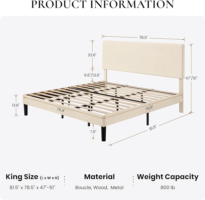 SHA CERLIN King Size Platform Bed Frame with Adjustable Headboard and Wooden Slats Support, Velvet Upholstered Mattress Foundation, No Box Spring Needed, Easy Assembly, Soft Cream