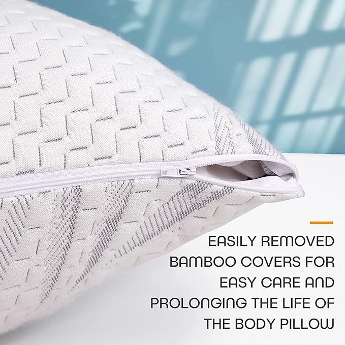 WhatsBedding Memory Foam Body Pillow for Adults with Zipperd Rayon Derived from Bamboo Cover, Breathable Long Pillow for Side Sleeper, Shredded Memory Foam Stuffing, Grey Leaf